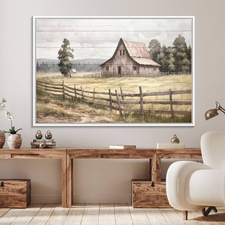 The wall is adorned with a Rustic Farmhouse Barn Wall Art.