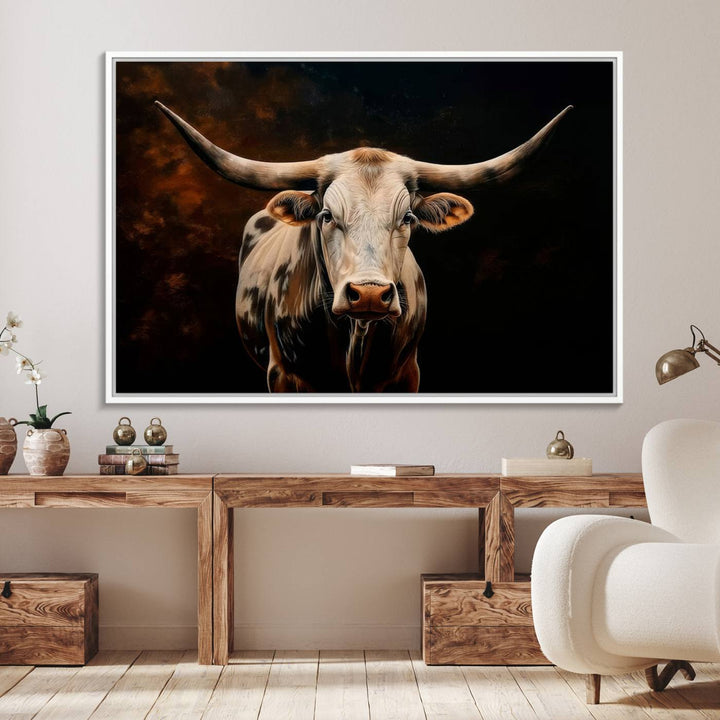 A large 3-panel Texas Longhorn canvas print dominates the space.