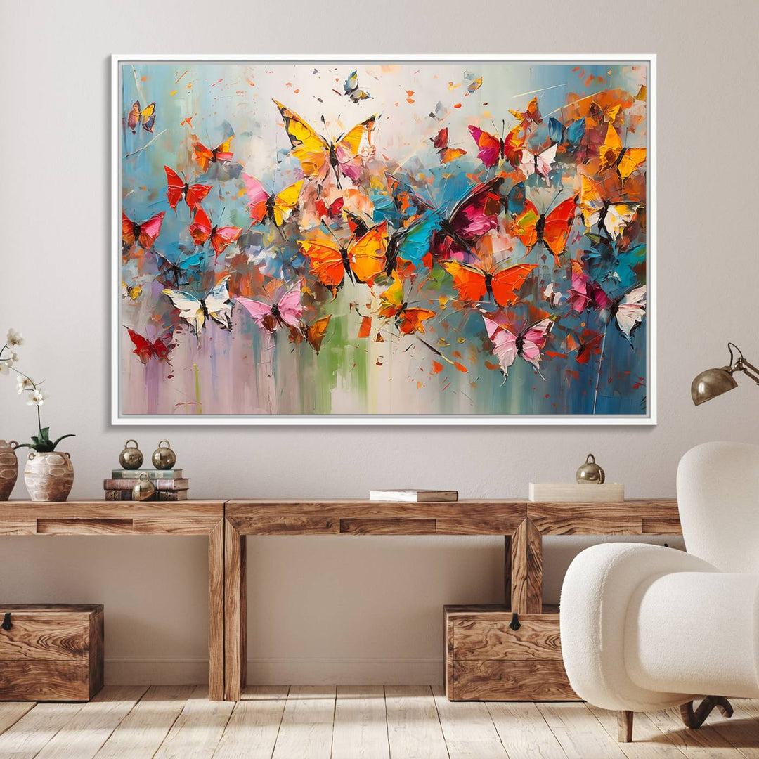 The Abstract Butterfly Wall Art Canvas Print hangs prominently, adding a touch of elegance and creativity to the room.