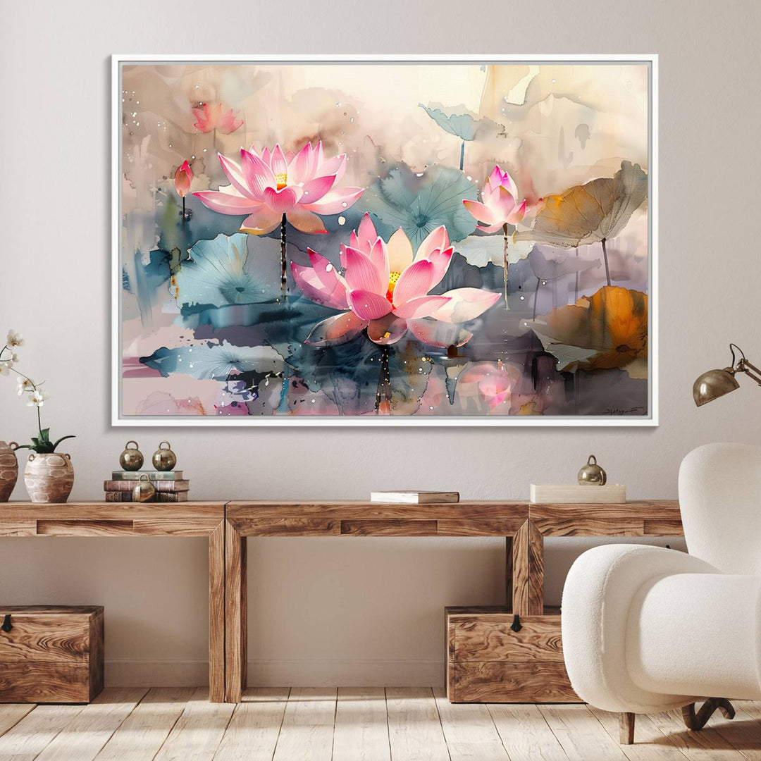 A pink lotus wall art adorns the space.