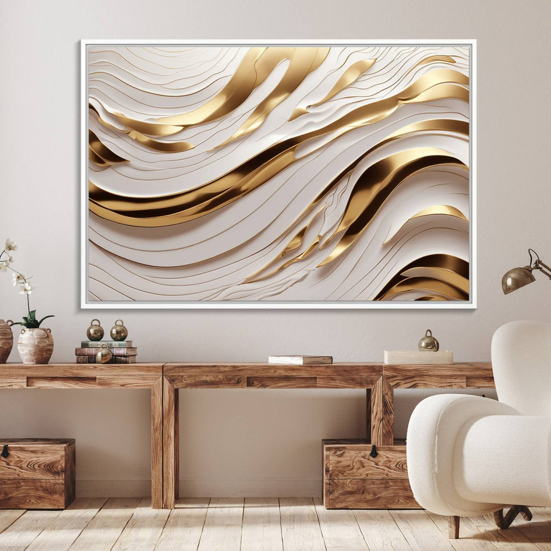 A Gold and White Abstract Wave Canvas with luxurious golden accents.