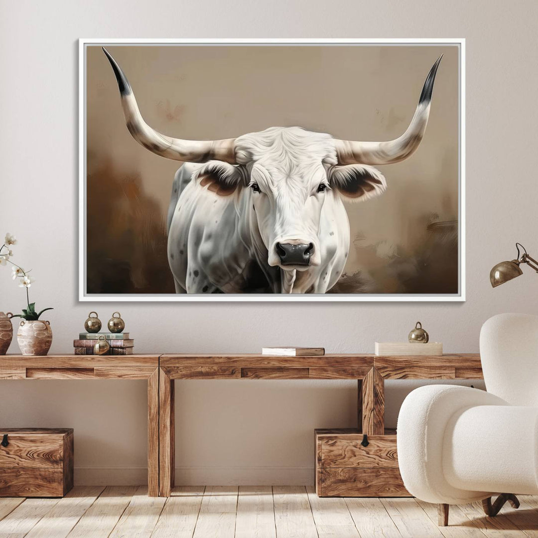 The kitchen features a striking canvas print of a Longhorn Bull.