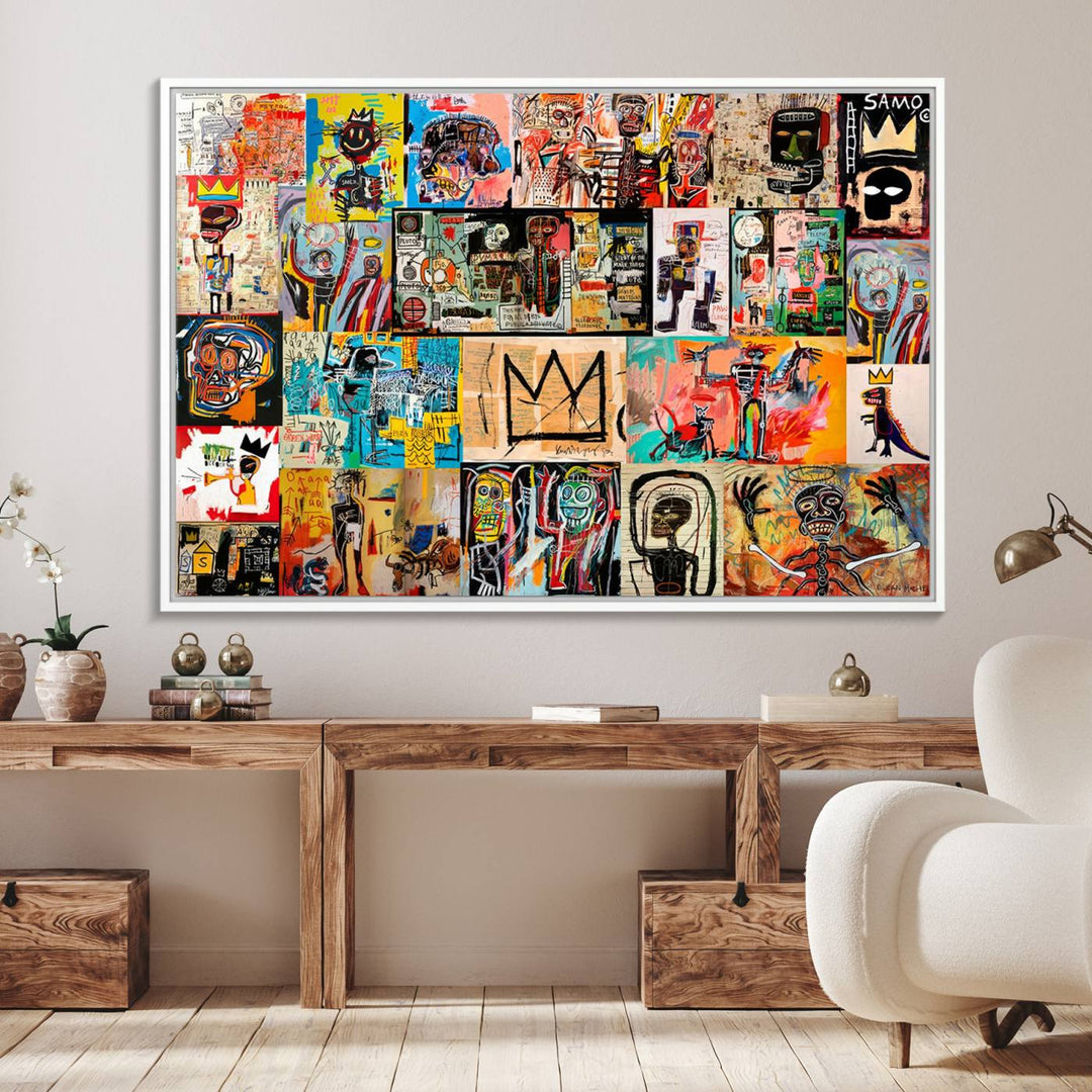 A Basquiat graffiti-style collage adorns the wall.