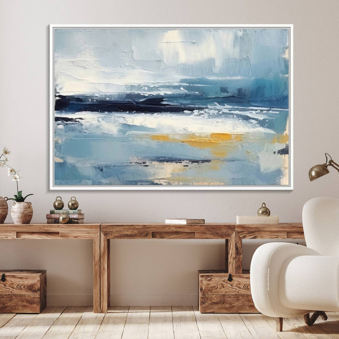 The Abstract Ocean Canvas Wall Art in coastal blue and gold enhances the modern kitchen.