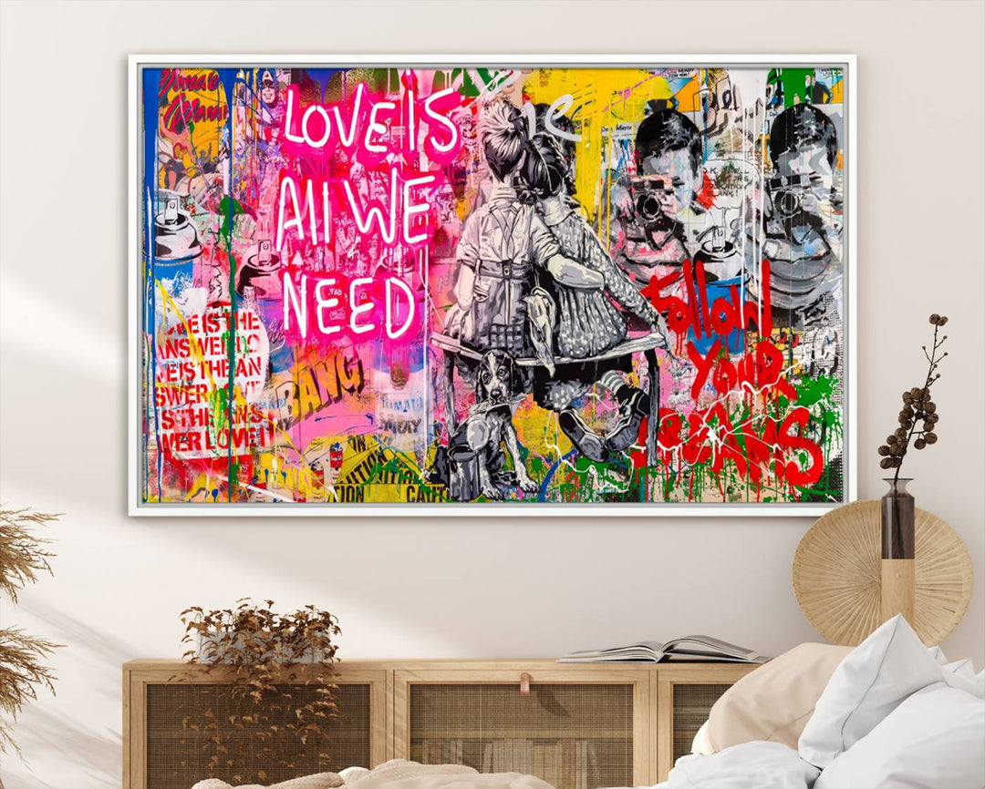 A vibrant and dynamic triptych features distorted horizontal lines, resembling graffiti street art. This artwork conveys the themes of "Follow Your Dreams" and "Love is All We Need" across three colorful panels.