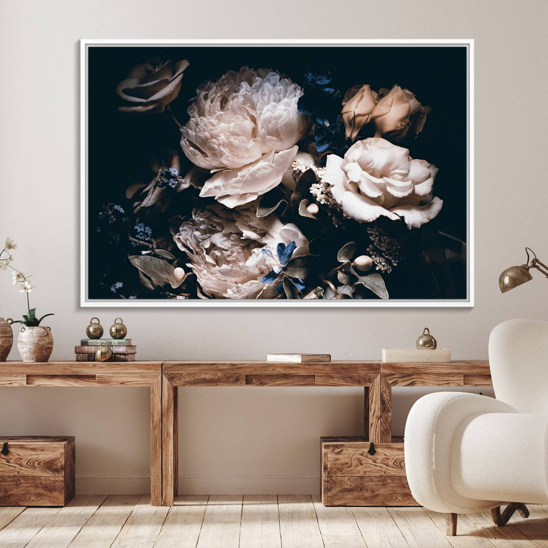 A large canvas art print of pink peonies flowers adds a vibrant touch to the space.