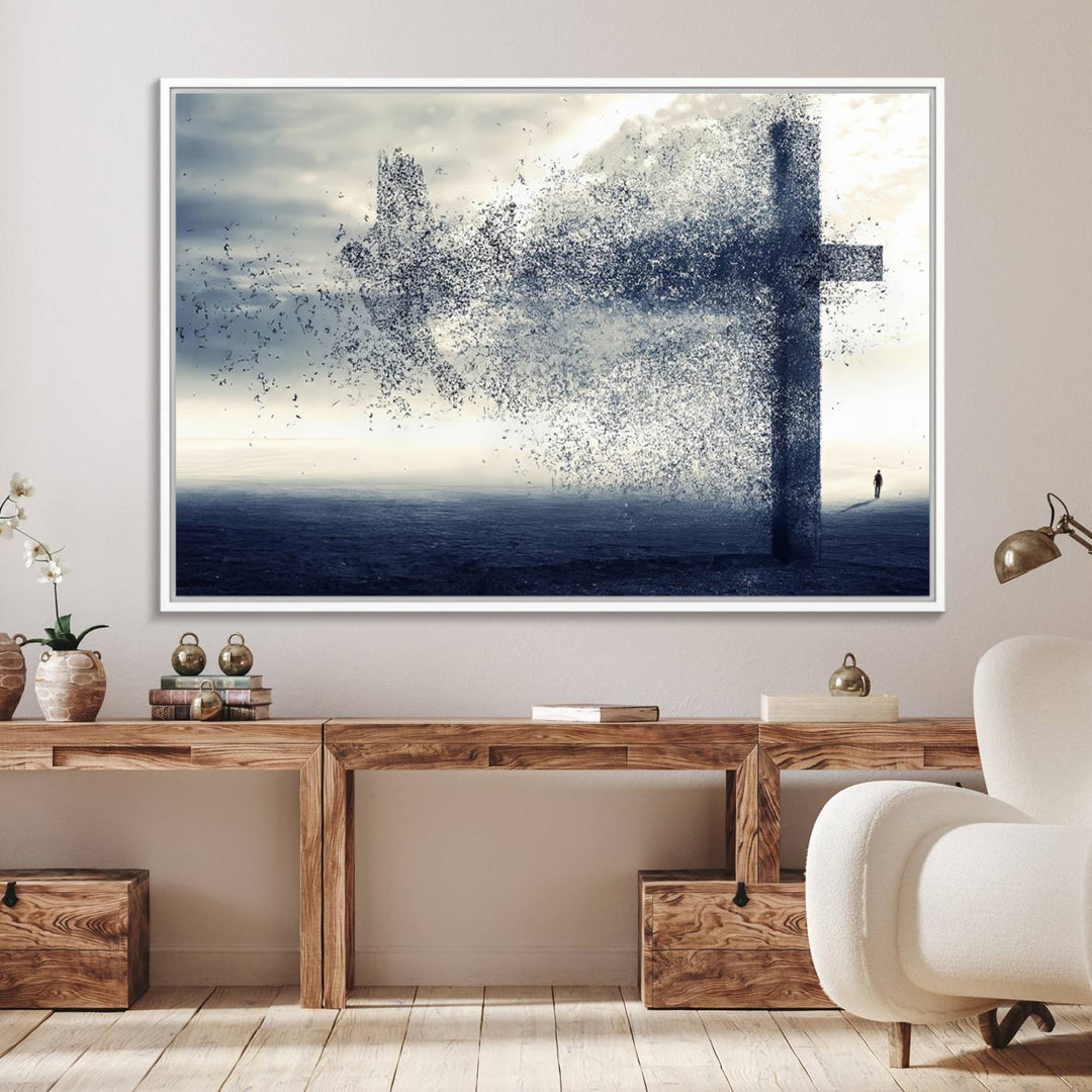 The Jesus and the Fading Cross wall art portrays a moody landscape.