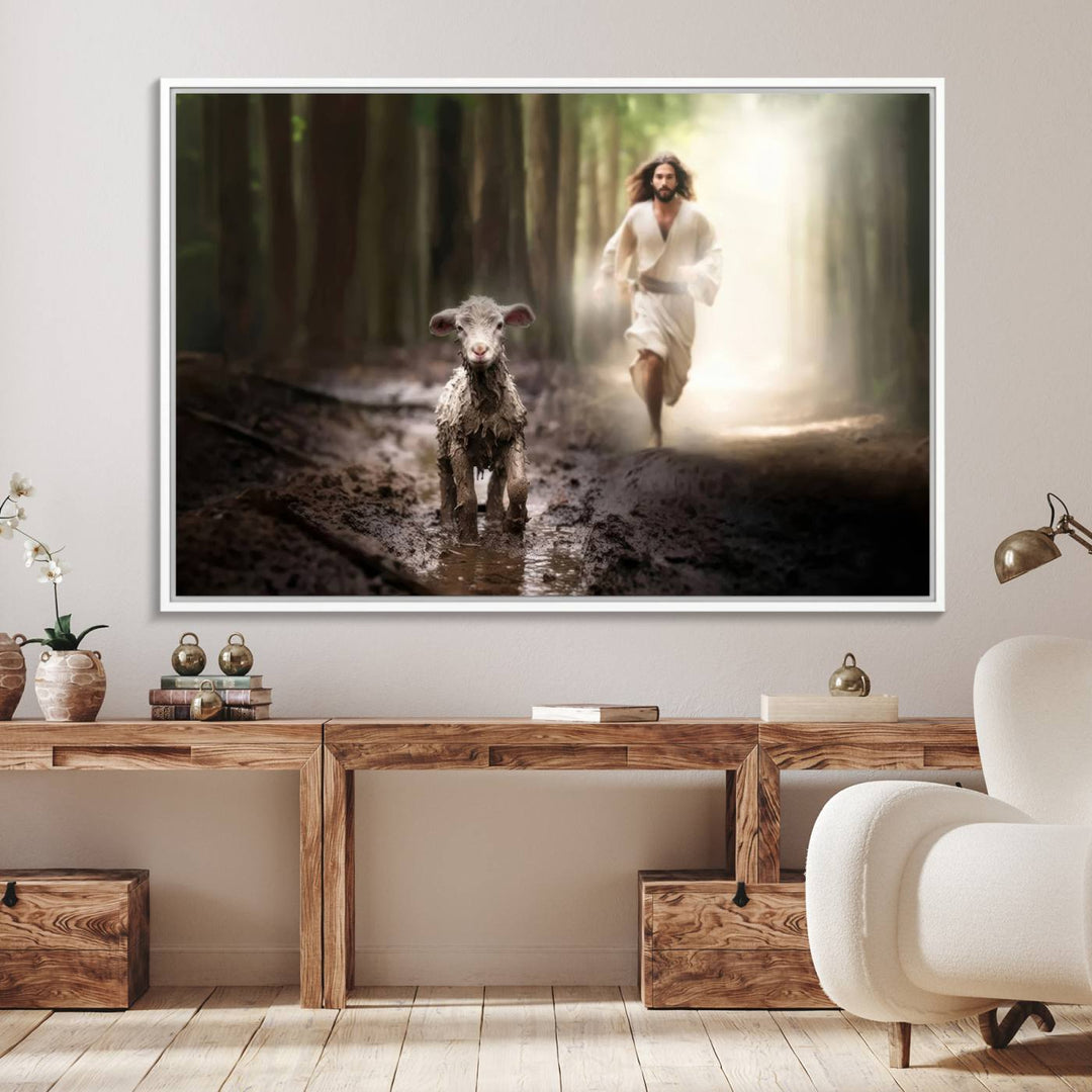 The Jesus Running After Lost Lamb canvas wall art adds a touch of spiritual significance.