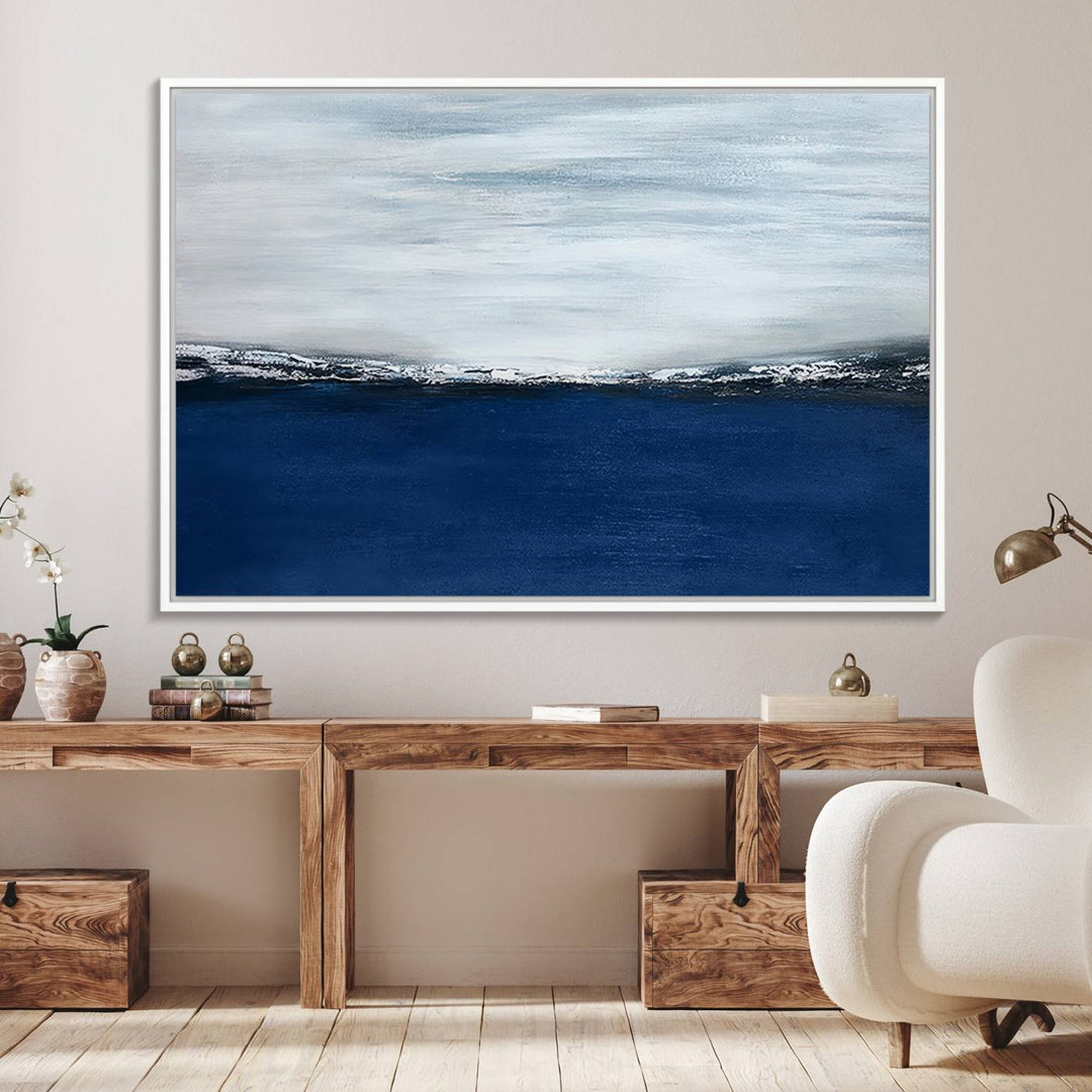 A Navy Blue Abstract Wall Art Canvas Print is displayed above the backsplash.