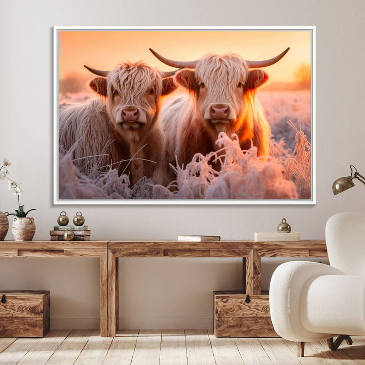 Highland Cows at Sunrise Wall Art adds serene rustic farmhouse charm.