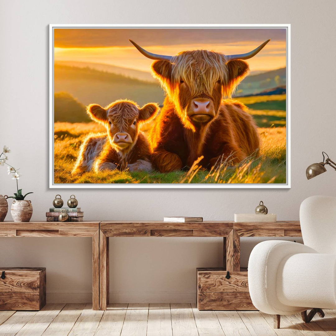 The Scottish Cow and Baby Cow Canvas Wall Art captures sunset fields.