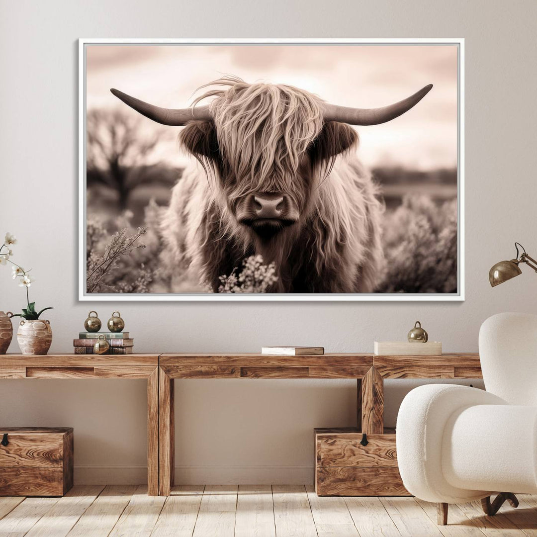 The Scottish Cow Longhorn Wall Art Canvas Print adds charm to the kitchen.