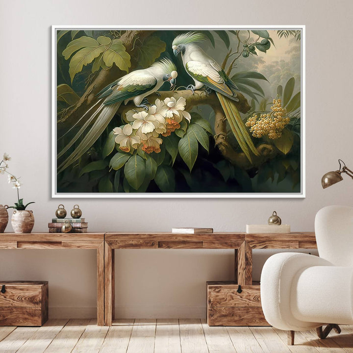 The Tropical Paradise Wall Art features a parrot in a lush forest.