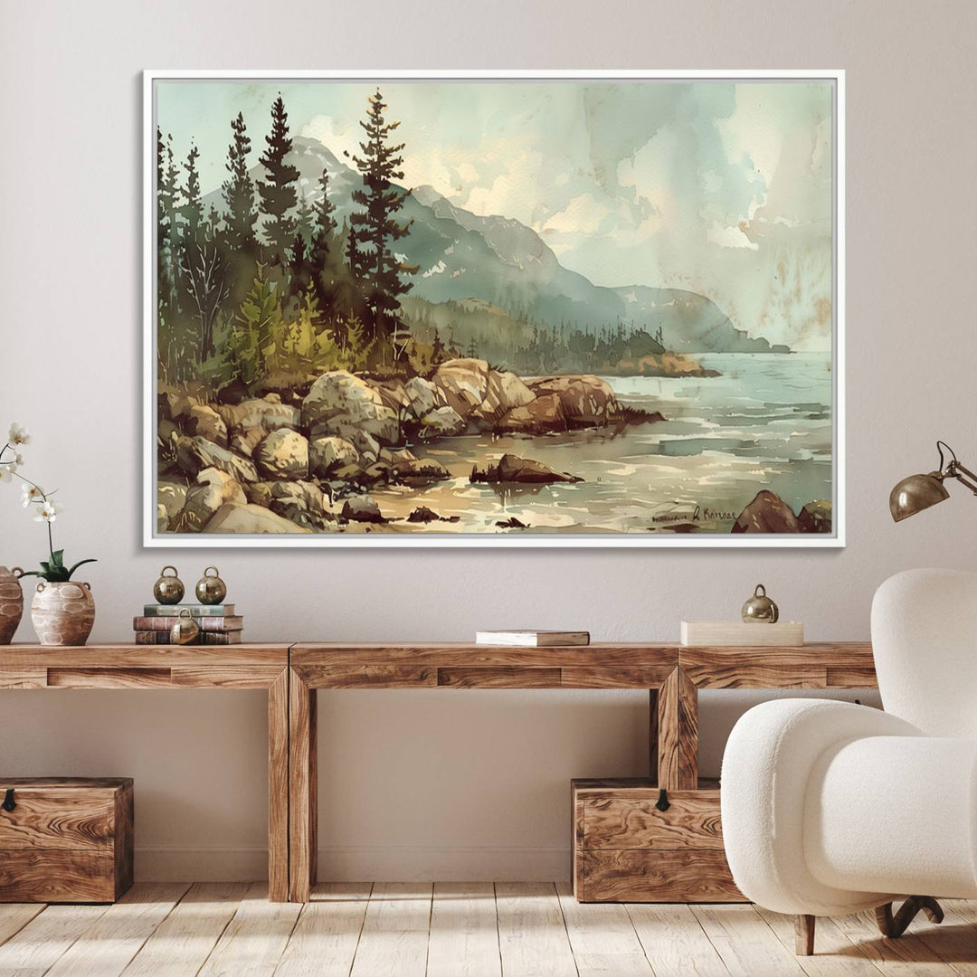 Framed Abstract Acadia National Park wall art, depicting a rocky coastline with trees and mountains, ready to hang.