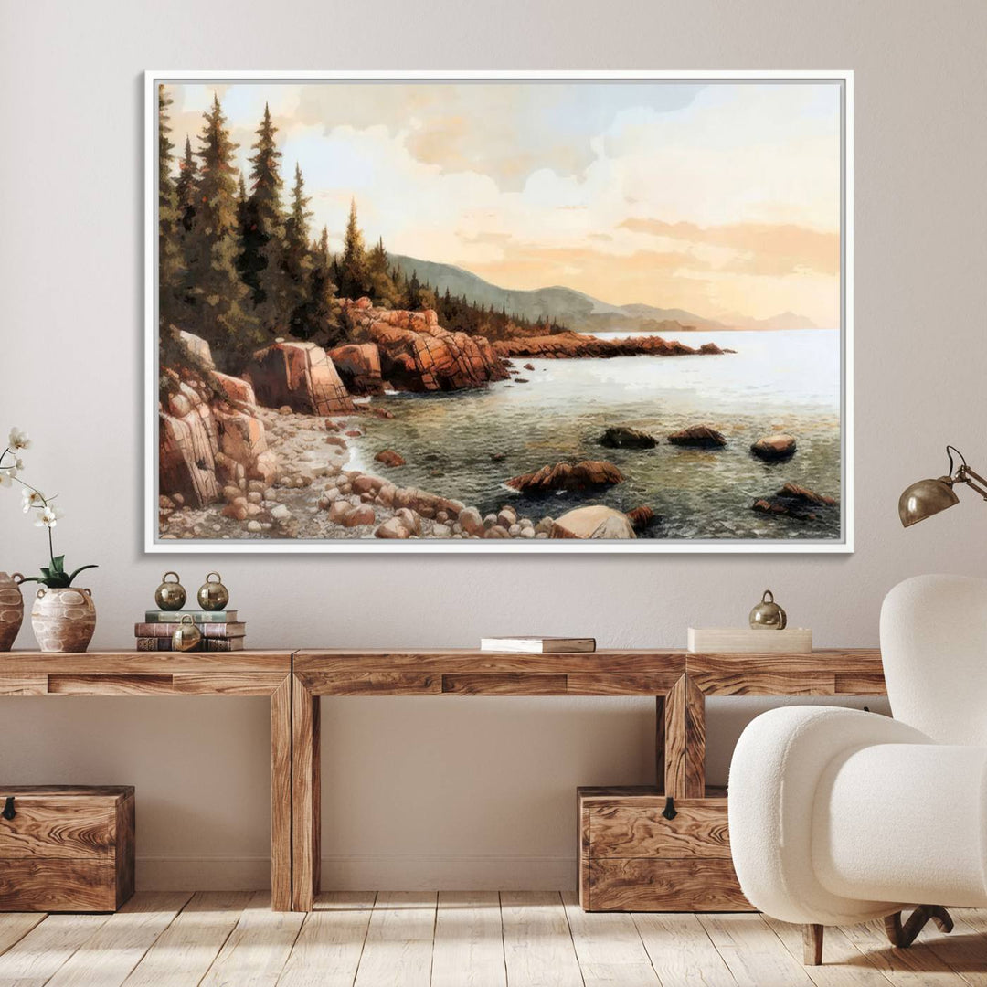 The Serene Coastal View of Acadia National Park 3-panel canvas, framed and ready to hang, adorns the wall.