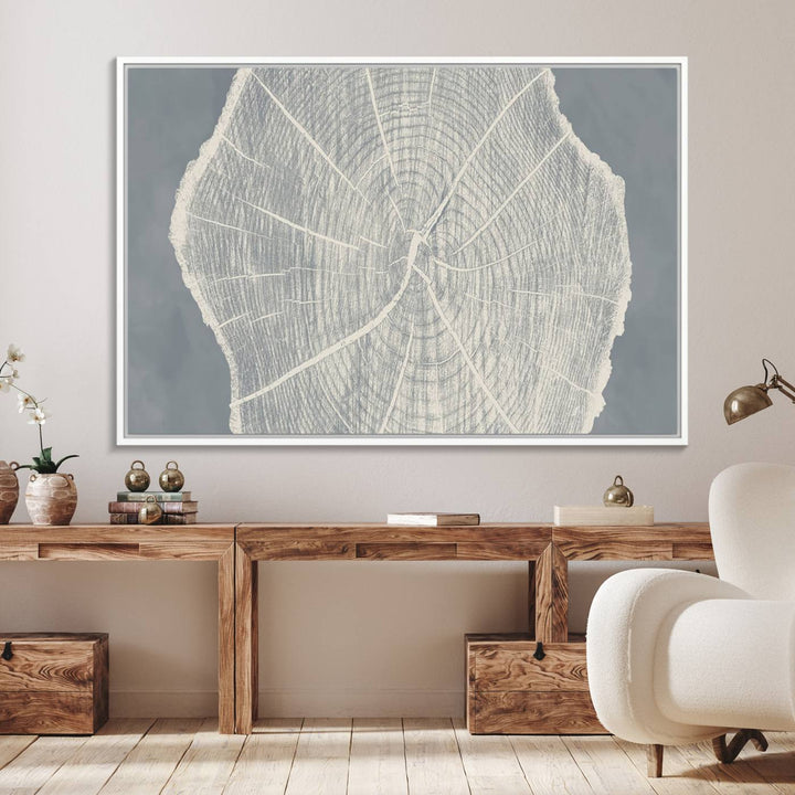 A gray wall displays the Abstract Tree Ring Wall Art print.