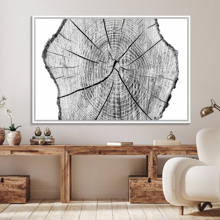 Black and white tree ring art print.