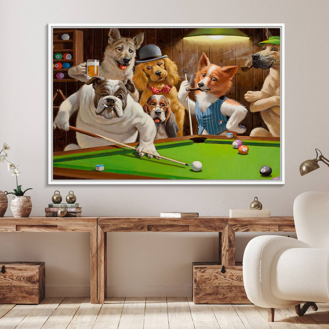 Dogs Playing Pool Canvas Wall Art: This artwork depicts a room where dogs are engaged in a game of pool. One dog is poised to cue while others observe the scene.