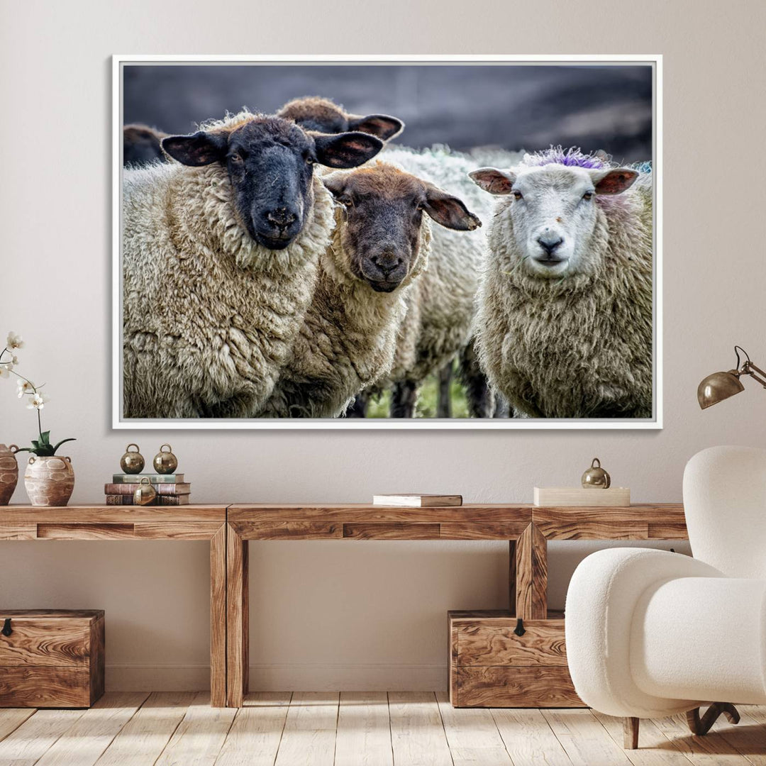 The Charming Sheep Portrait Wall Art hangs on a wooden wall.