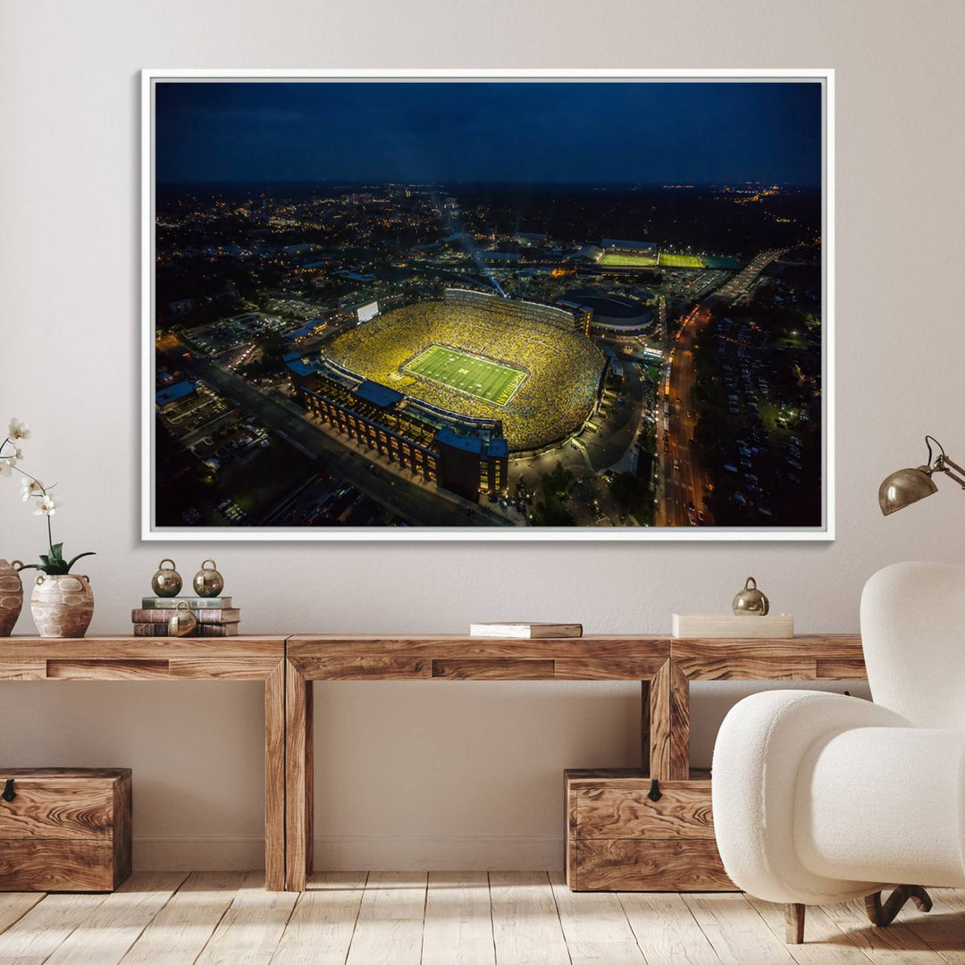 Aerial view of Michigan Stadium nightlife on canvas – Framed, ready-to-hang sports arena wall art.