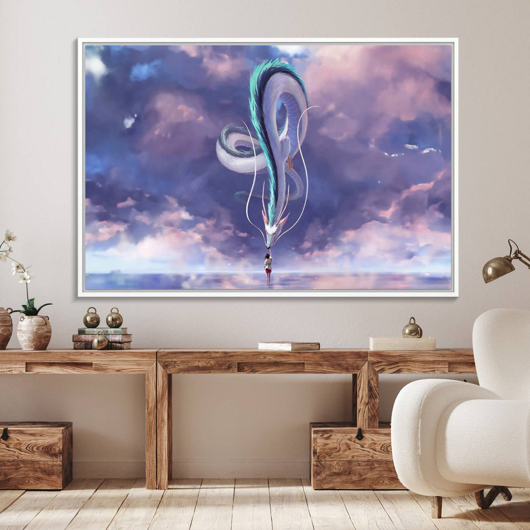 The Spirited Away Haku and Chihiro poster captures a cherished scene for anime lovers under a colorful, cloudy sky.