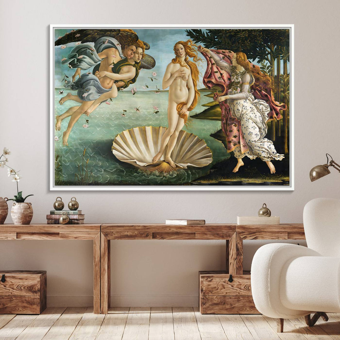 A canvas print of Botticellis The Birth of Venus is displayed on the wall.