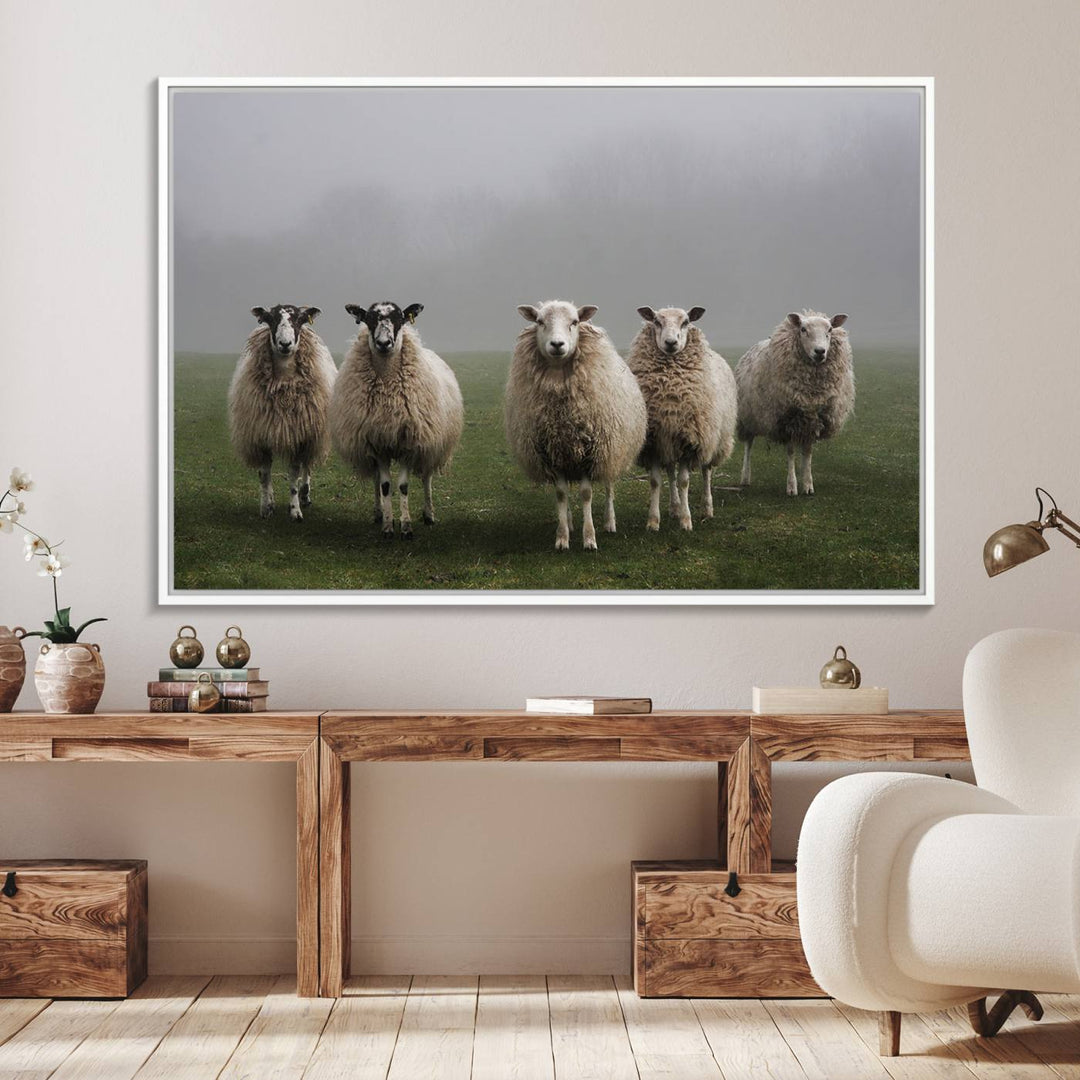 The Flock of Sheep in a Mystical Fog canvas print is framed and ready to hang.