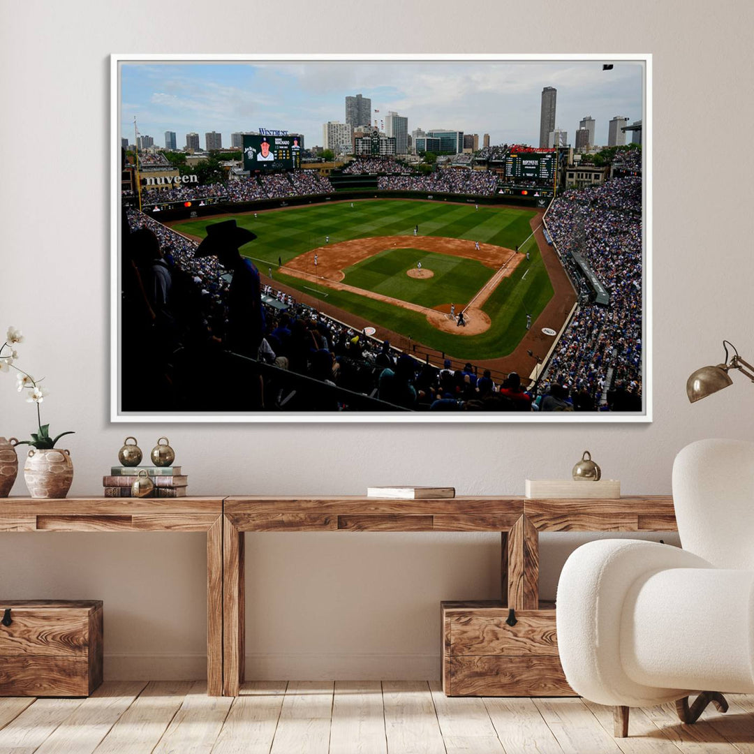 Admire this museum-quality canvas print of a Chicago Cubs game with a cityscape view from the stands at Wrigley Field.