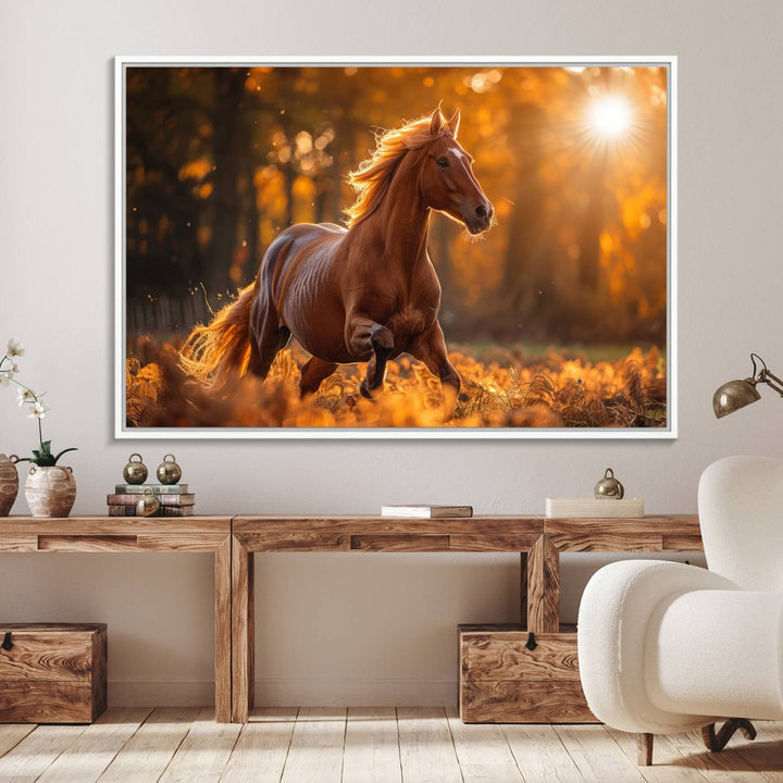 The Running Horse Sunset Forest Wall Art Canvas Print showcases a gallop in an autumn forest with sunlight streaming through the trees.