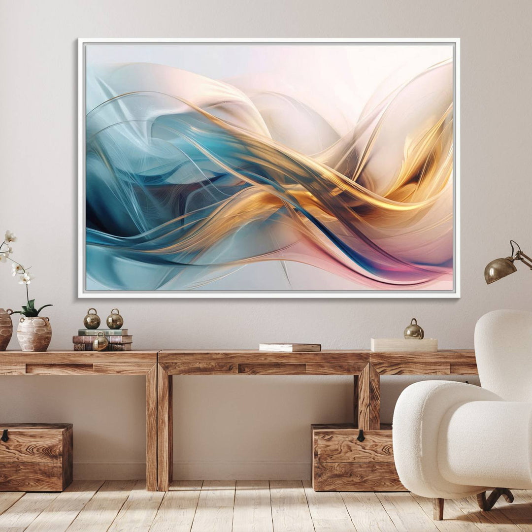 Abstract Flowing Colors Wall Art featuring blue, gold, and pink adds modern elegance to the space.