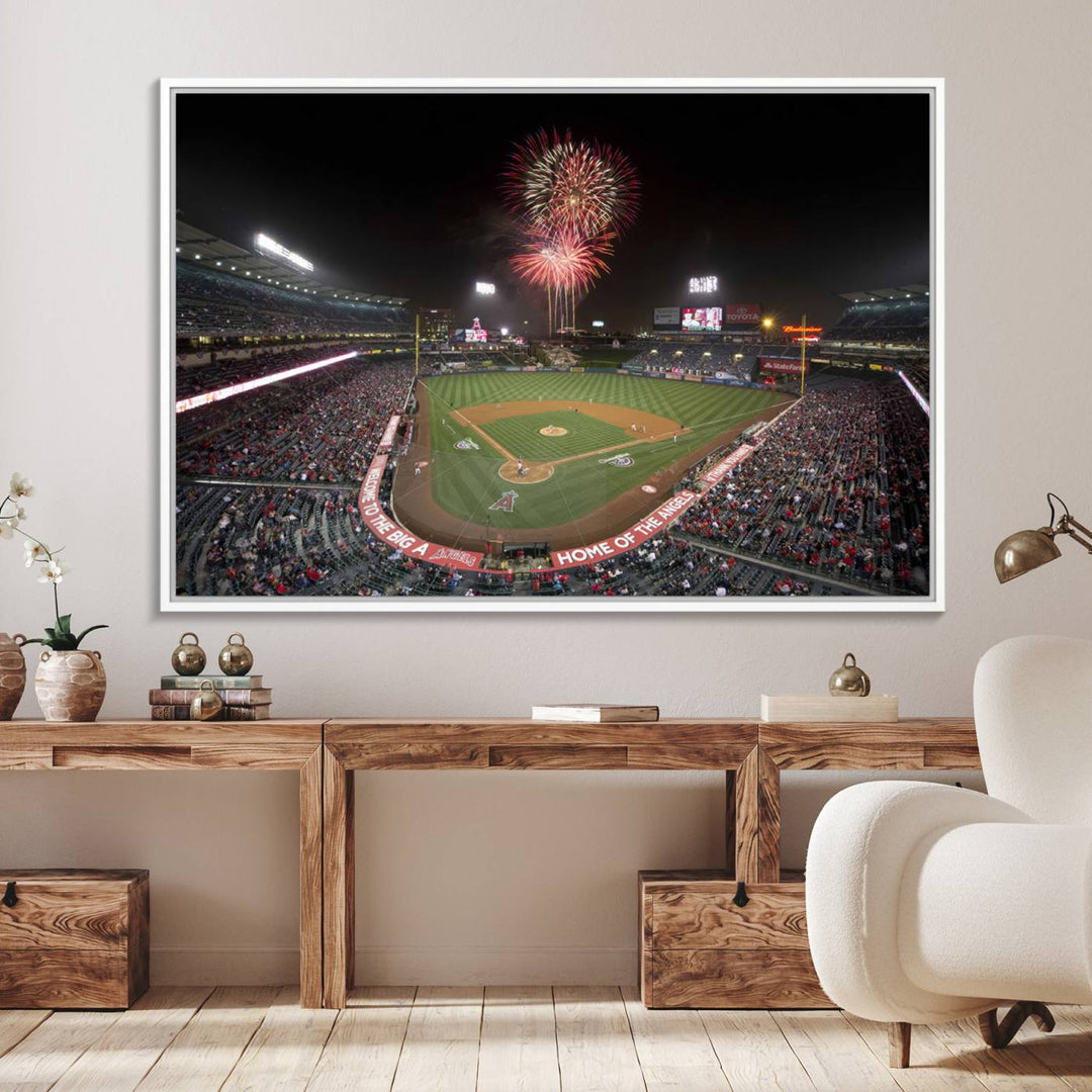 Fireworks at Angel Stadium – LA Angels Night Game Canvas Print, framed and ready to hang.