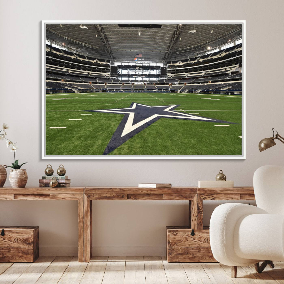 AT&T Stadium Dallas Cowboys Canvas Print displayed above a dining table.