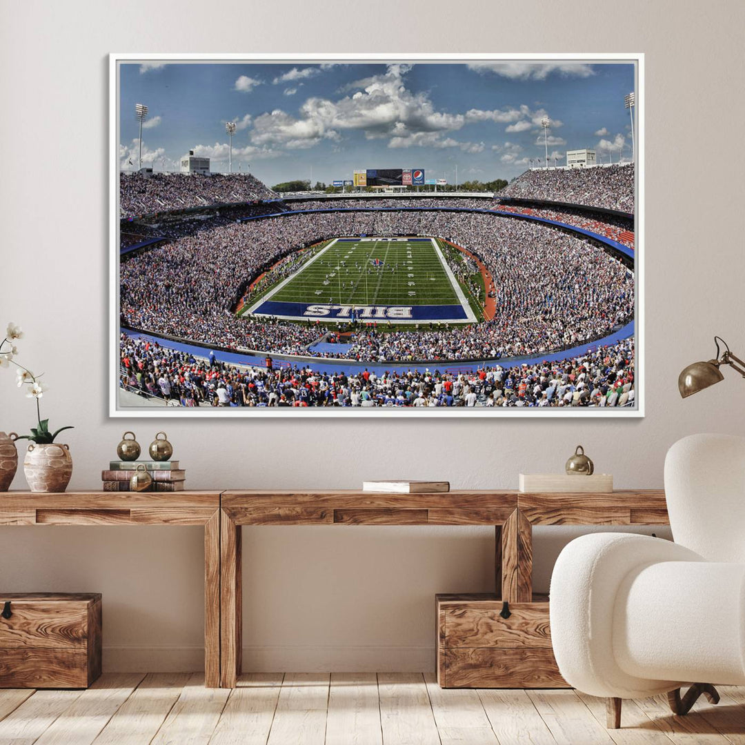 Our Buffalo Bills Game Day Canvas captures a vibrant scene at Highmark Stadium, with a lively crowd under a partly cloudy sky.