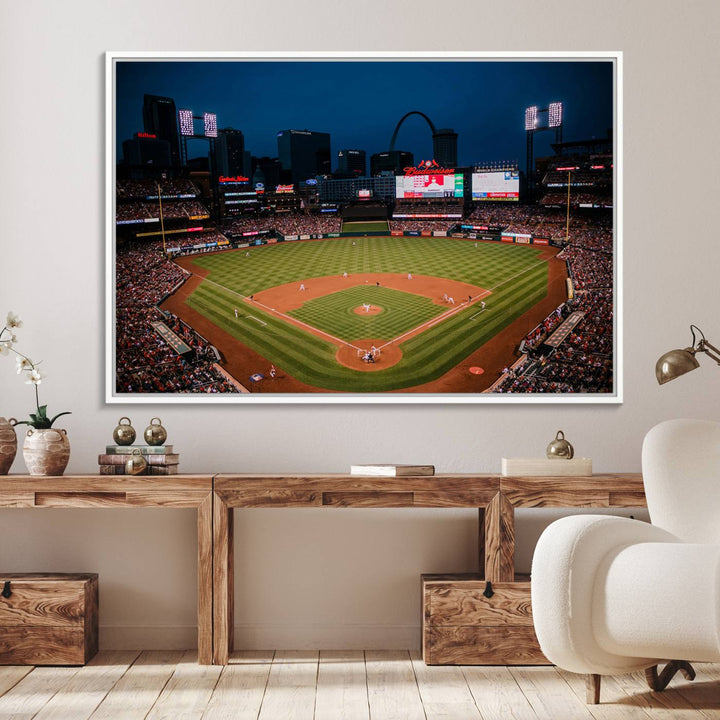 A St. Louis Cardinals Baseball Team print of Busch Stadium at night adorns the wall.