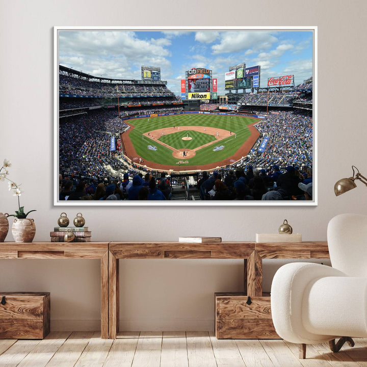 A wall art piece featuring a New York Mets Baseball Team print of Citi Field during a thrilling game under a blue sky.