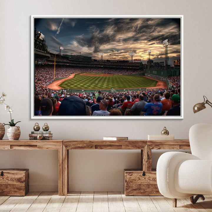 Boston Red Sox canvas print of Fenway Park at sunset, ideal for sports fans.