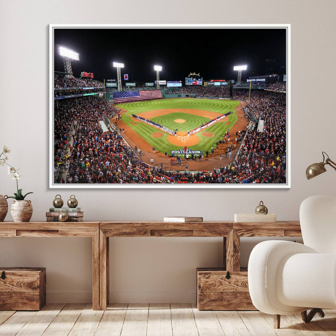 The Fenway Park Wall Art Canvas Print showcases a stunning aerial view of Bostons iconic ballpark at night, making it an ideal piece for any Red Sox enthusiast.