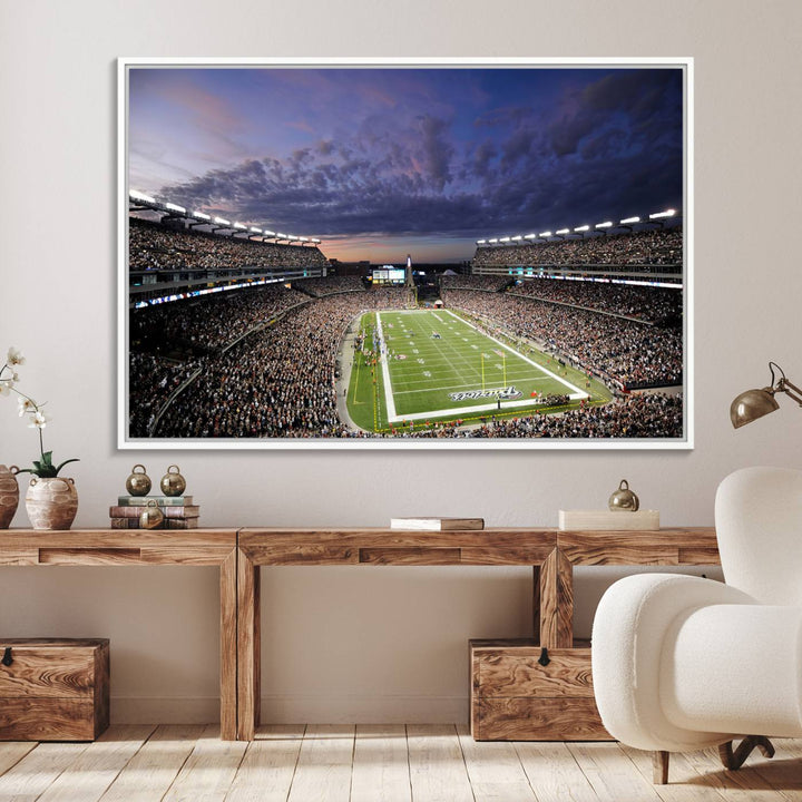 A large New England Patriots Foxborough Gillette Stadium wall art canvas print at sunset.