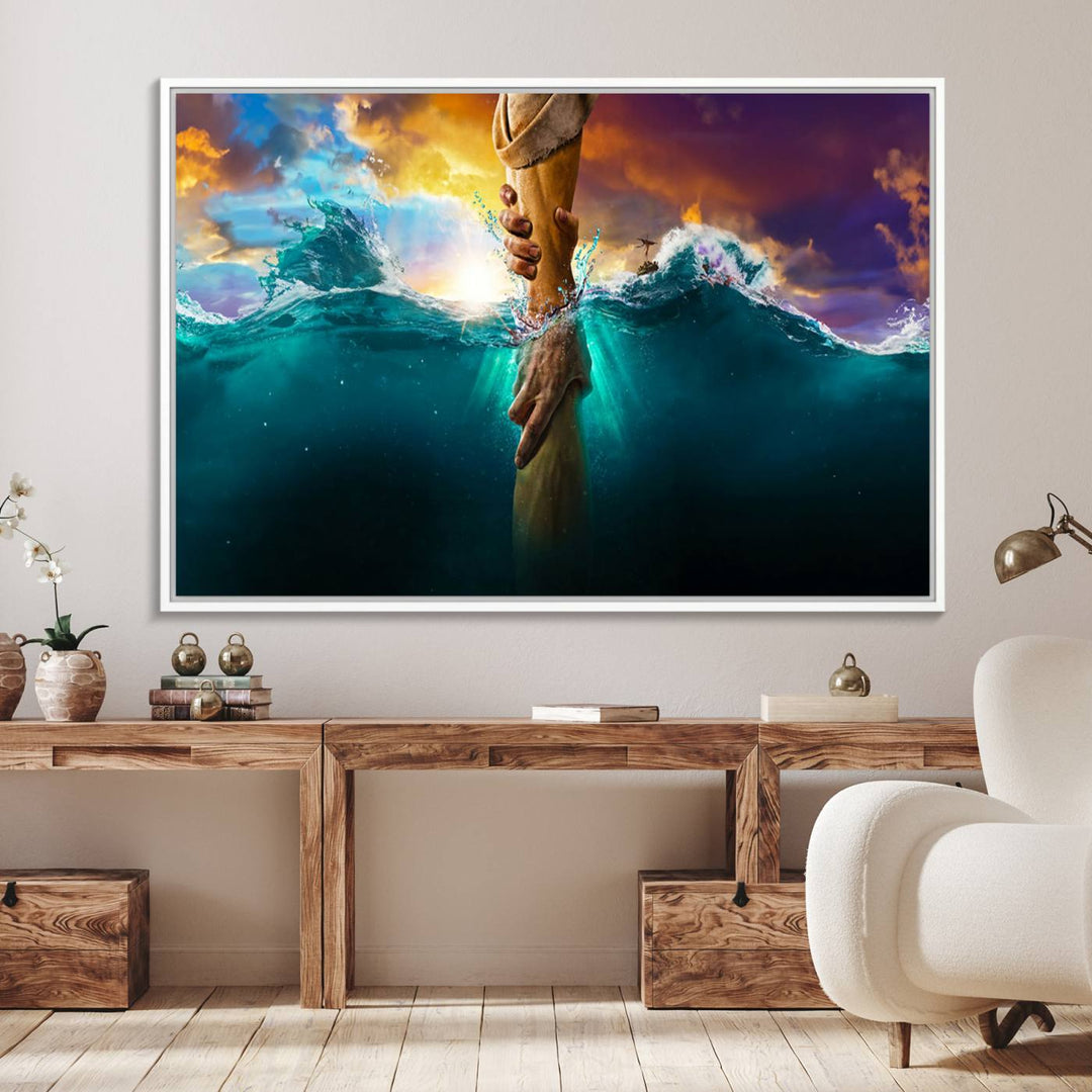 The God Hand Wall Art Canvas Print depicts hands reaching through water against a vibrant sky.