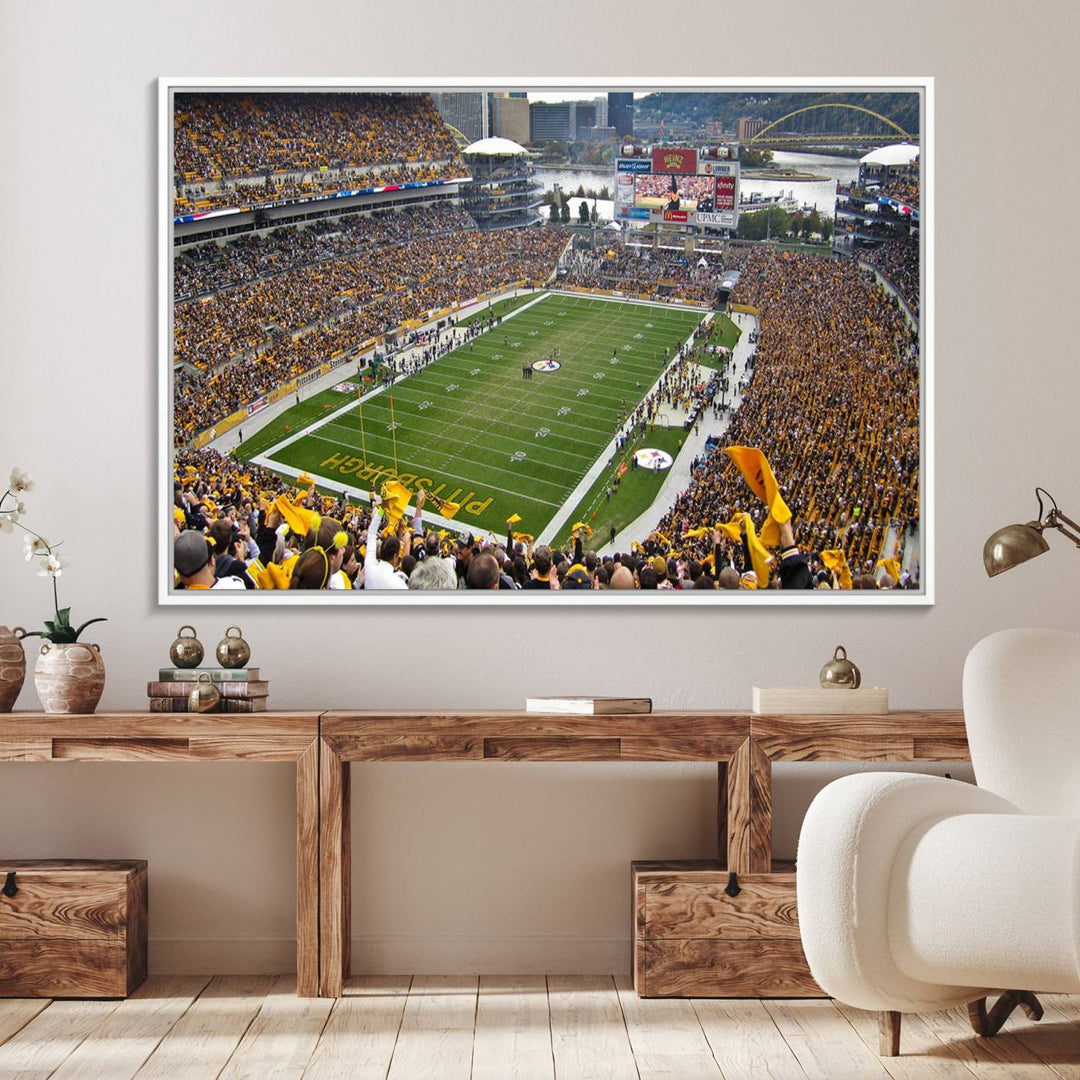 Heinz Field wall art and a cityscape serve as the backdrop.