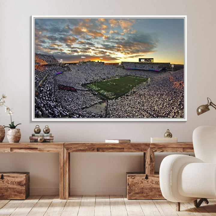 Enhance your dining area with team spirit by mounting the Beaver Stadium Wall Art, capturing sunsets in elegant style.