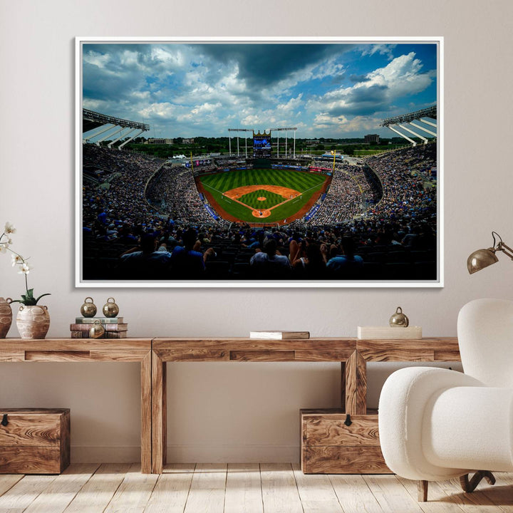 A 3-panel print of Kauffman Stadium, showcasing a crowded baseball field under cloudy skies.