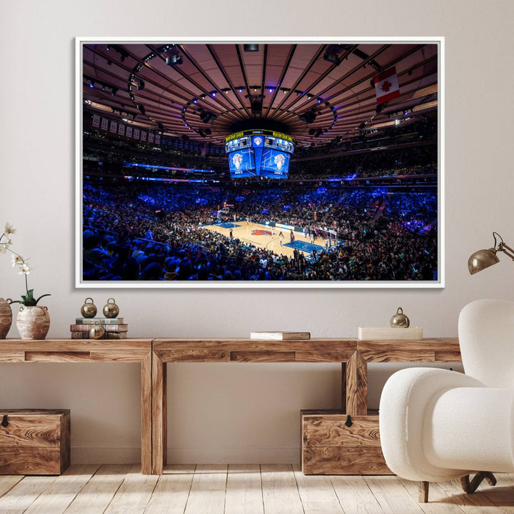 A print depicting an NBA game at Madison Square Garden, highlighting the scoreboard.