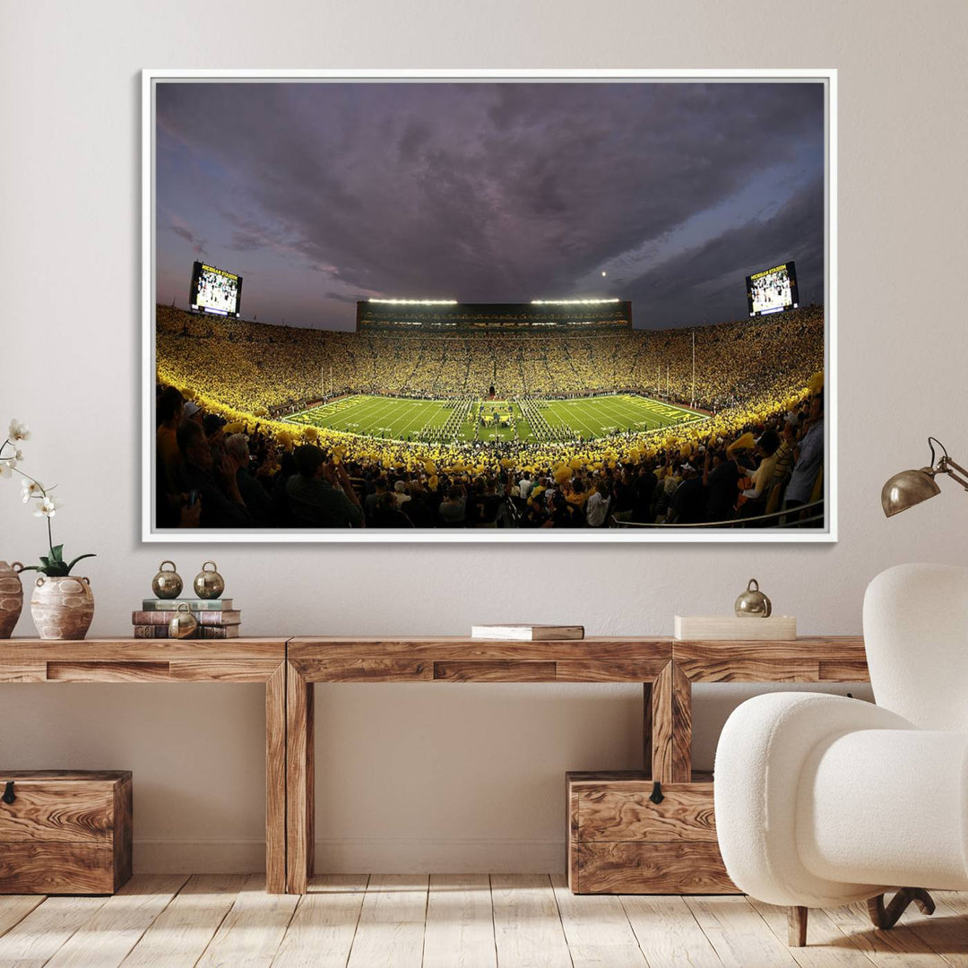 Michigan Stadium Wall Art Canvas Print of a night game by the Wolverines.