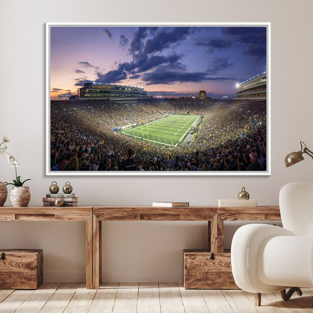 As the sun sets, a stunning backdrop highlights the Notre Dame Fighting Irish Football Team Print.