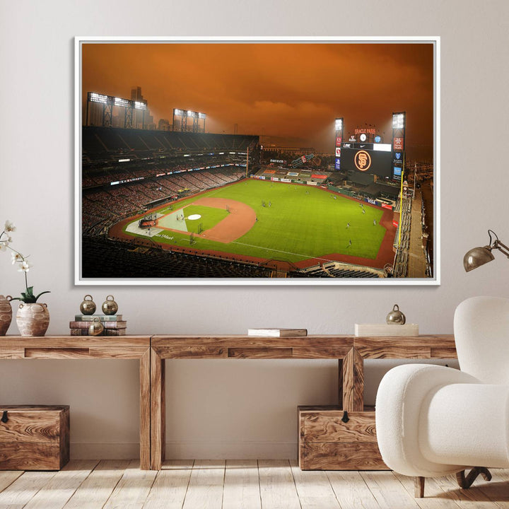 A canvas depicting an Oracle Park game with an orange sky, from SF Giants Stadium Wall Art.