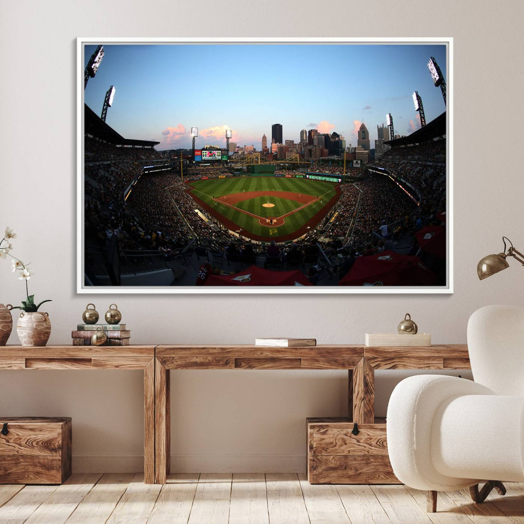 The PNC Park Evening Game Canvas, featuring a skyline backdrop, is displayed on the wall.