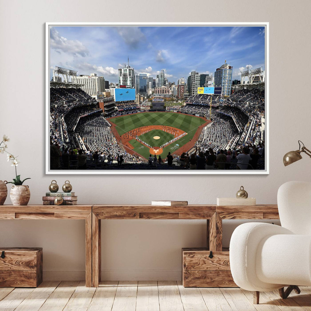 The San Diego Padres Baseball Canvas Print of Petco Park enhances the modern kitchen-dining area.