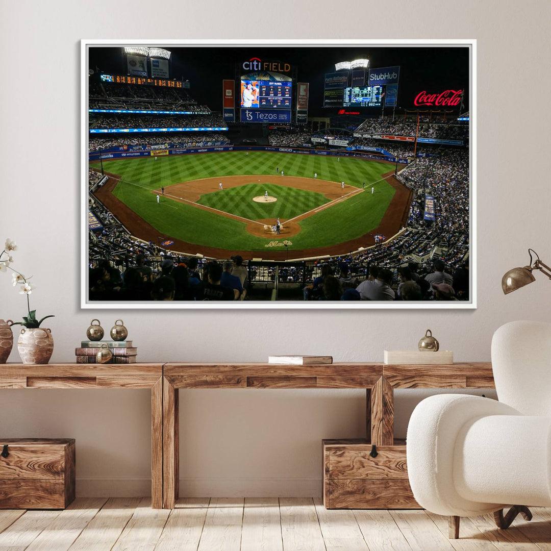 A print of the Oakland Athletics game at RingCentral Coliseum hangs on the wall.