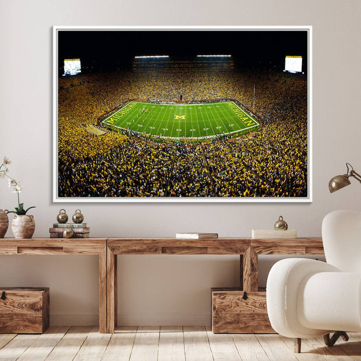 Aerial view of Michigan Stadium night game, ideal for Michigan Wolverines Football Team displayed on a triple canvas wall art.